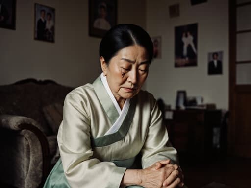 60대 아시아계 여성이 전통 한복을 입고 바닥에 앉아 슬픈 표정을 짓고 있는 반신 사진입니다. 눈에 눈물이 고여 있으며, 고개를 숙이고 손은 무릎에 얹고 있습니다. 결혼식 사진들이 걸려 있는 아늑한 거실 배경이 이 이미지의 고요하고 친밀한 분위기를 더욱 강조합니다.