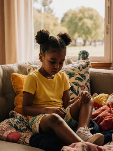 자연스러운 외모의 7세 흑인 소녀가 아늑한 거실의 소파에 앉아 밝은 색상의 티셔츠와 반바지, 귀여운 운동화를 신고 옷을 고르고 있는 모습입니다. 그녀는 약간 짜증난 표정을 짓고 있으며, 창문 너머로 보이는 평화로운 공원 풍경이 아늑한 분위기를 더해줍니다.