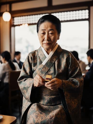 80대 백인 여성의 전신 사진으로, 전통 한복을 입고 있으며, 손에 윷을 들고 달려가며 과거의 추억을 슬프게 회상하는 모습을 담고 있습니다. 아늑한 카페 내부와 따뜻한 조명, 창가에 앉아 있는 사람들과 함께한 장면입니다.