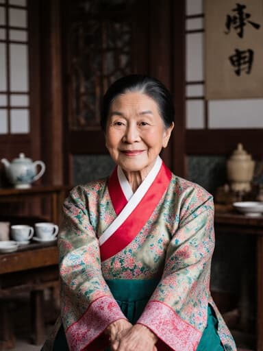 70대 친근한 한국인 여성이 전통 한복을 입고 아늑한 한국 찻집의 내부에서 편안하게 스트레칭하는 모습의 반신 사진, 따뜻함과 평온함을 전합니다.