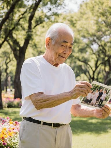 이 이미지는 80대 아시아계 남성이 편안한 면티와 바지를 입고 가족 사진을 들고 무관심한 표정을 지으며 바라보고 있는 모습을 담고 있습니다. 그는 햇빛이 비추는 나무와 꽃들로 가득한 공원에서 가벼운 춤을 추는 자세를 취하고 있으며, 향수와 따뜻함을 불러일으킵니다.