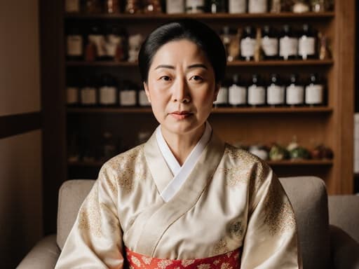 50대 중동계 여성이 전통 한복 스타일의 의상을 입고 소파에 앉아 진지한 표정으로 상담을 준비하는 반신 촬영, 따뜻한 조명과 한약재가 진열된 선반으로 구성된 한약 조제실의 배경.