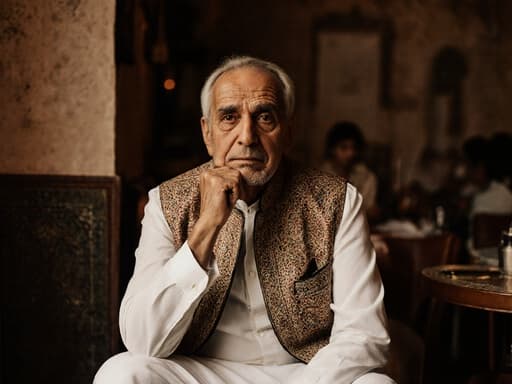70대의 중동계 남성이 걱정스러운 표정을 짓고 전통 의상을 입고, 카페 안에서 다리를 꼬고 턱을 괴고 있는 모습의 반신 사진. 아늑한 카페 분위기에서 전통 중동 음악이 흐르고 있어 깊은 생각에 잠긴 순간을 담고 있습니다.