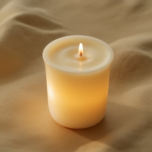 캔들, 부드러운 황금빛 노을이 매끄러운 표면에 비치고, 차분하고 따뜻하며 아늑한