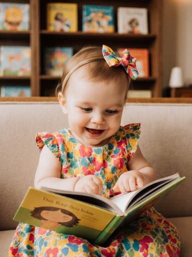 1세 유럽계 여성 아기가 카페의 아늑한 소파에 앉아 화사한 드레스와 리본을 착용한 채로, 책을 들고 책장을 호기심 어린 표정으로 바라보며 즐거워하는 모습이 담긴 따뜻한 장면입니다.