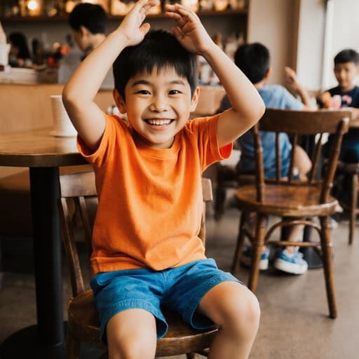 7세 아시아계 남성이 귀여운 외모로 밝은 색상의 티셔츠와 반바지를 착용하고, 아늑한 카페의 의자에 앉아 즐거운 표정으로 손을 머리 위에 얹고 숨바꼭질을 하는 듯한 모습의 반신 사진입니다. 배경에는 테이블과 의자가 놓여 있고 다른 아이들이 놀고 있는 모습이 보이며, 전체적으로 즐겁고 유쾌한 분위기를 자아냅니다.