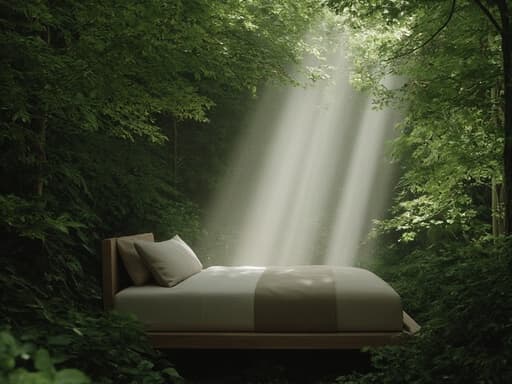 현대적인 디자인의 자연목 프레임과 부드러운 직물 침대 시트가 있는 싱글 침대가 푸른 식물로 둘러싸인 평화로운 봄 환경에 있으며, 나뭇잎 사이로 햇빛이 스며들어 부드러운 그림자를 만듭니다.