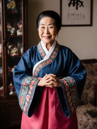 80세 동양인 여성이 화려한 자수가 돋보이는 전통 한복을 입고, 가슴 앞으로 손을 모으고 부드럽게 몸을 흔드는 춤추는 자세로 따뜻한 미소를 짓고 있는 반신 사진입니다. 배경의 아늑한 거실은 전통 공예품으로 꾸며져 있어 이미지의 문화적 본질을 더해줍니다.