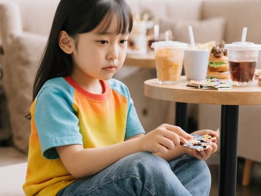 7세 한국인 여성의 반신 사진으로, 귀여운 외모를 가진 그녀는 화사한 색상의 티셔츠와 편안한 청바지를 입고 있습니다. 그녀는 배고픈 표정을 지으며 다리를 꼬고 앉아 퍼즐 조각을 손에 쥐고 집중하고 있습니다. 아늑한 카페 배경에는 퍼즐 조각과 다양한 간식이 놓인 테이블이 있어 따뜻하고 초대하는 분위기를 만들어냅니다.