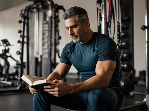 이미지는 40대의 세련된 라틴계 남성이 현대적인 스포츠웨어를 입고 훈련 중 휴식을 취하며 책을 읽고 있는 모습을 보여줍니다. 다양한 운동 기구가 배치된 훈련장이 배경으로 추가되어 운동적인 분위기를 더하며, 자연스러운 조명이 전체적인 매력을 높입니다.