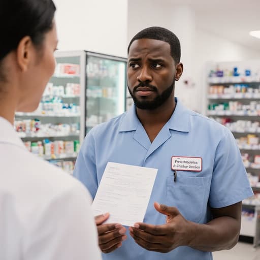 약국 내부에서 약사 유니폼과 이름표를 착용한 30대 흑인 남성 약사의 반신 사진입니다. 그는 슬픈 표정과 걱정스러운 눈빛을 지으며 고객에게 처방전을 보여주고 인사하는 모습입니다. 배경에는 약품이 가득한 선반이 있어 전문적인 분위기를 자아냅니다.