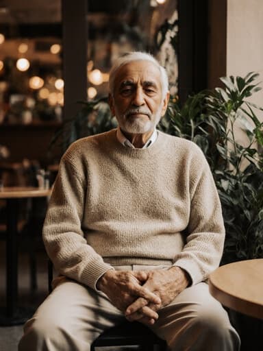 80대 중동계 남성이 자연스러운 외모로 아늑한 카페 테이블에 편안하게 앉아 있는 반신 촬영. 그는 부드러운 니트 스웨터와 편안한 면 바지를 입고 있으며, 평화롭고 안정된 표정을 지으며 명상에 집중하고 있습니다. 따뜻한 조명과 식물들이 있는 공간이 그를 감싸고 있어 아늑한 분위기를 자아냅니다.