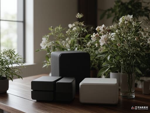 고급 레스토랑 테라스의 매끈한 나무 테이블 위에 있는 게임 콘솔, 세련되고 초대하는 분위기, 테라스 꽃을 통과하는 부드러운 자연광