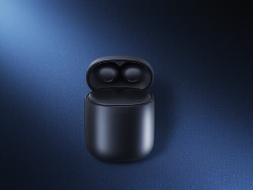 그라데이션 블루 스페이스 배경의 무선 이어폰, 부드러운 조명과 섬세한 그림자.