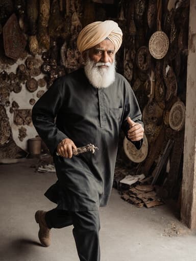 70대 중동계 남성이 전통 의상과 세련된 터번을 착용하고 전통 공예 도구를 들고 달리는 모습의 전신 사진. 배경은 다양한 공예 작품으로 장식된 아름다운 워크숍으로, 공예와 문화유산의 본질을 포착하고 있습니다.