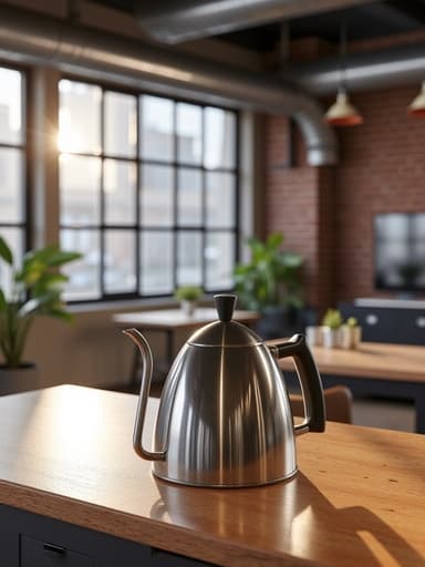 세련된 실루엣의 광택있는 스테인레스 스틸 주전자가 노출 벽돌과 금속 악센트가 있는 산업적인 로프트 스타일 아파트의 나무 조리대 중앙에 놓여져 있으며 따뜻하고 아늑한 분위기입니다.