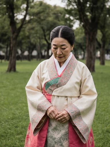 전통 한복을 입은 80대 혼혈 여성의 전신 사진이 한적한 공원에서 촬영되었습니다. 그녀는 외로운 표정을 지으며 고개를 살짝 숙이고 생각에 잠긴 듯한 모습입니다. 배경에는 푸른 잔디와 높은 나무들이 있어 그녀의 전통 의상과 잘 어울리는 평화로운 분위기를 자아냅니다. 자연광이 한복의 생동감 넘치는 색상을 강조하며, 그늘이 드리워져 사색의 기분을 더욱 돋보이게 합니다.