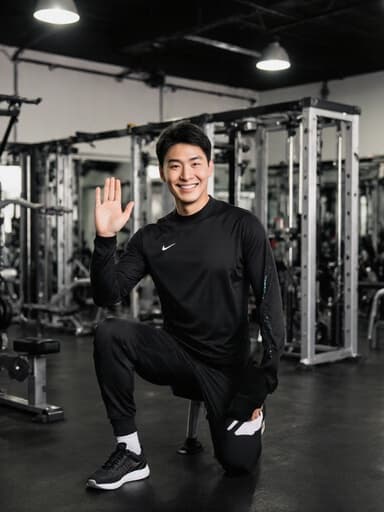 30대 건강한 동양인 남성이 트렌디한 스포츠웨어를 입고 따뜻하게 미소짓고 손을 흔들고 있는 반신 사진입니다. 배경은 다양한 운동 기구가 있는 활기찬 피트니스 센터로, 활동적이고 에너제틱한 라이프스타일을 전달합니다.