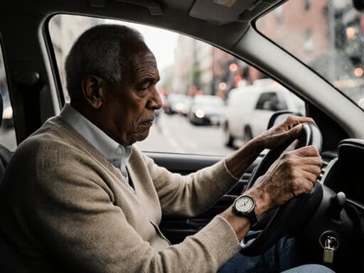 60대 아프리카계 남성의 반신 촬영으로, 자연스러운 외모와 약간의 주름이 있는 얼굴을 보여줍니다. 편안한 카디건과 청바지를 입고 있으며, 손목에는 시계를 차고 있습니다. 그는 운전 중인 듯 운전대에 손을 올리고 살짝 앞으로 숙인 자세로, 고민이 담긴 눈빛을 가지고 있습니다. 배경에는 다른 차량과 바쁘게 이동하는 사람들이 있는 활기찬 도시 거리가 담겨 있어 도시적인 분위기를 더합니다.