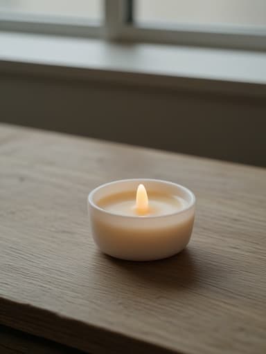 스칸디나비아 스타일의 나무 테이블 위에 놓인 티라이트 캔들, 근처 창문에서 자연광이 스며들어 아늑한 홈 분위기를 연출합니다.