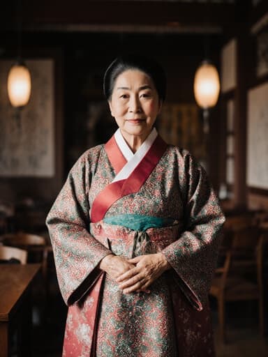 70대의 아시아계 여성, 전통 한복을 입고 아늑한 카페에서 차분한 표정을 지으며 손을 가슴 앞에 모으고 서 있는 모습. 전통적인 요소가 가미된 따뜻한 분위기를 연출합니다.