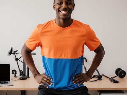 밝은 스포츠웨어를 입고 운동 자세를 취하며 미소 짓고 있는 10대 초반의 자신감 넘치는 흑인 남성의 반신 사진. 사무실 공간의 책상과 운동 기구가 있는 배경에서 활기차고 동기 부여가 되는 분위기를 전합니다.