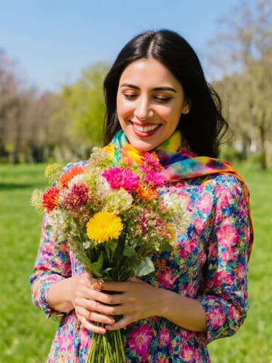 30대 중동계 여성이 화사한 꽃무늬 원피스와 밝은 색상의 스카프를 착용하고 꽃다발을 들고 미소 지으며 바라보는 모습이 푸른 잔디와 화창한 하늘의 공원을 배경으로 하고 있습니다.