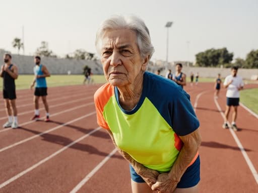 60대 중동계 여성이 밝은 운동복을 입고 스포츠 트랙 옆에 서 있는 모습, 절망적인 표정을 지으며 배경에서 운동하는 선수들이 보이는 이미지.