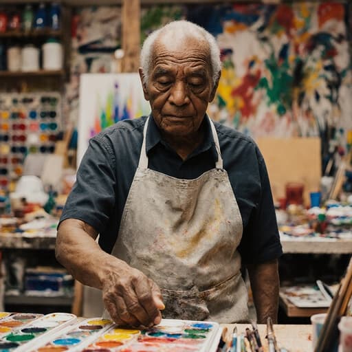 이 이미지는 아늑한 미술 작업실에서 50세 아프리카계 남성 예술가를 담고 있습니다. 그는 편안한 작업복과 앞치마를 착용한 반신 사진으로, 집중한 표정을 지으며 그림 도구와 상호작용하고 있습니다. 다양한 색깔의 페인트와 캔버스가 있는 배경 속에서 그의 작업에 대한 헌신과 열정을 발산하고 있습니다.