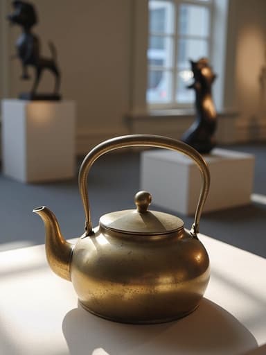 예술 갤러리에서 부드러운 자연광이 빛나는 오래된 주전자, 표면에 미세한 반사, 깊이를 더해주는 예술 조각이 배경에 있는, 주전자의 윤곽을 강조하는 그림자, 고해상도, 사진처럼 사실적인, 4K