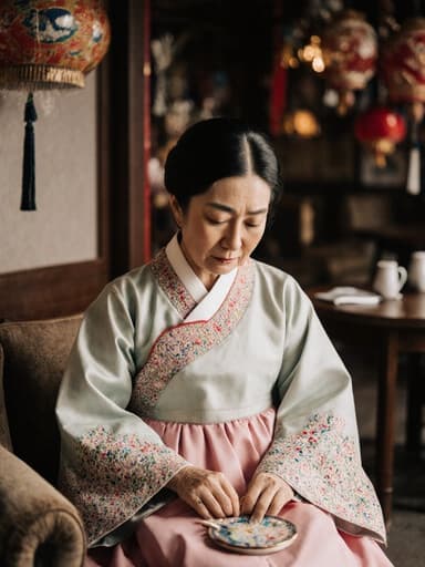 70대 한국인 여성이 전통 한복을 입고 있는 반신 사진으로, 화려한 자수와 고운 색상이 특징입니다. 그녀는 슬픈 표정을 지으며 눈가에 눈물이 맺혀 있고, 살짝 고개를 숙인 채 아늑한 소파에 앉아 전통 악세사리를 손에 들고 있습니다. 배경은 전통 축제 주제로 장식된 따뜻하고 아늑한 카페 내부로, 향수와 감정의 전체적인 분위기를 더합니다.