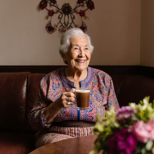 전통적인 복장을 입고 소파에 앉아 전통 음료를 들고 있는 자연스러운 외모의 80대 라틴계 여성의 반신 샷. 전통적인 장식과 꽃이 놓인 아늑한 카페에서 따뜻함과 행복이 느껴지는 모습입니다.