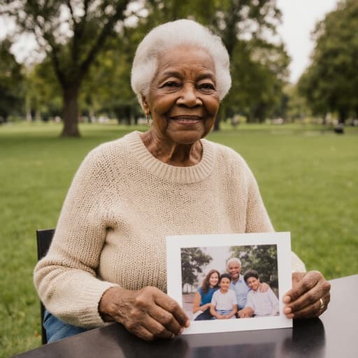 70대의 흑인 여성이 따뜻한 미소를 지으며 가족 사진을 손에 들고 있는 반신 촬영입니다. 편안한 니트 스웨터와 청바지를 입고, 공원의 푸른 잔디와 나무들 속에서 테이블에 앉아 평온하고 따뜻한 분위기를 연출합니다.