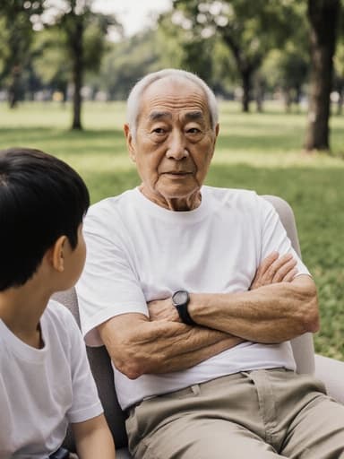 70대 한국인 남성이 자연스럽고 편안한 모습으로 공원 소파에 앉아 있습니다. 그는 편안한 티셔츠와 바지를 입고 손자를 바라보며 지루한 표정을 짓고 있습니다. 배경은 푸른 잔디와 나무들로 가득 차 있어 평화로운 분위기를 자아냅니다.
