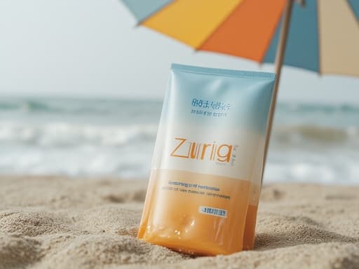 자외선 차단제, 다채로운 파라솔 아래의 모래 해변, 따뜻한 여름 햇빛