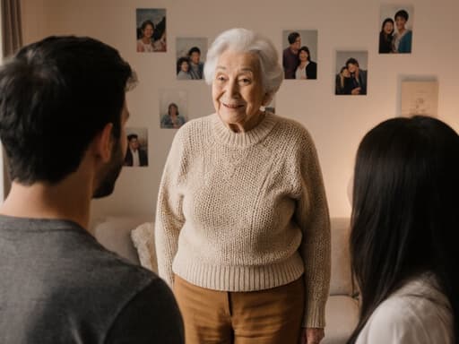 아늑한 거실에서 편안한 니트 스웨터와 따뜻한 색상의 바지를 입고 있는 80대 혼혈 여성의 따뜻한 모습입니다. 그녀는 가족을 바라보며 따뜻한 미소를 지으며 서있고, 부드러운 조명과 벽에 걸린 가족 사진들로 둘러싸여 가족의 소중한 순간을 강조하고 있습니다.
