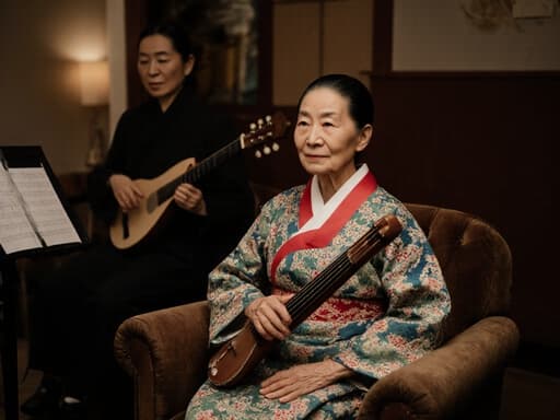 이 이미지는 70대의 동양인 여성 모델이 전통 한복을 입고 소파에 앉아 전통 악기를 들고 있는 모습입니다. 그녀는 약간 불편한 표정을 짓고 있으며, 아늑한 카페 배경에서 전통 음악 공연이 열리고 있어 조화로운 문화적 분위기를 자아냅니다.