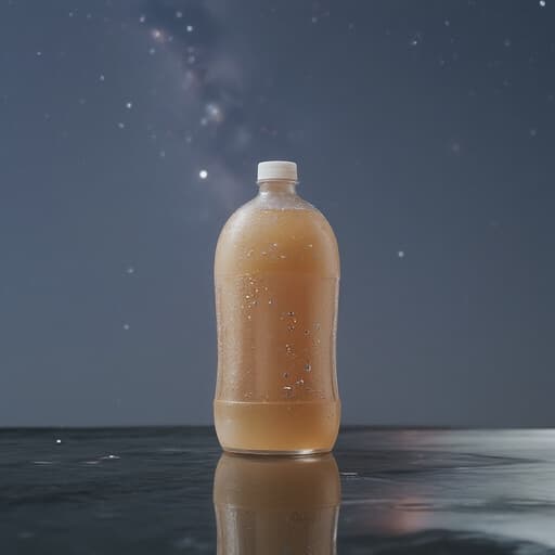 반짝이는 별이 있는 밤하늘 속의 탄산음료 페트병, 고요하고 매혹적인 분위기.