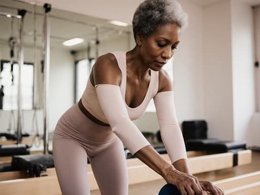 50대의 자신감 있는 흑인 여성이 부드러운 색상의 필라테스 의상을 입고, 밝고 현대적인 스튜디오에서 필라테스 매트를 우아하게 정리하며 세련됨과 품위를 발산하고 있습니다.