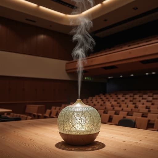 우아한 향수 디퓨저, 복잡한 디자인의 유리 재질, 고전 오케스트라 홀의 내부, 따뜻하고 아늑한 분위기.