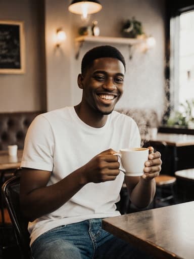 10대 초반의 흑인 남성이 캐주얼한 티셔츠와 청바지를 입고 아늑한 카페에 앉아 커피컵을 손에 들고 행복하게 미소짓고 있습니다. 따뜻한 조명과 여러 개의 테이블이 배치된 공간이 아늑한 분위기를 만들어냅니다.
