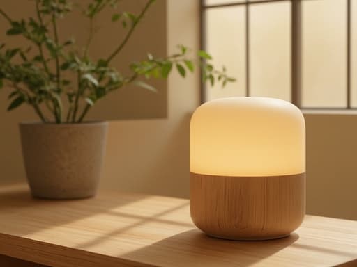 램프, 인테리어 장식, 창문을 통해 비치는 황금빛 노을, 따뜻하고 고요한