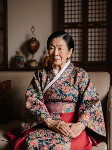 80대 혼혈 여성의 반신 촬영으로, 전통 한복을 입고 아늑한 거실의 편안한 소파에 앉아 있습니다. 그녀는 무관심한 표정으로 자연스럽게 스트레칭을 하며, 전통적인 소품으로 꾸며진 공간에서 차분함과 여유를 느끼고 있습니다.