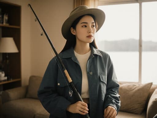 10대 후반의 한국인 여성이 어부 스타일의 옷을 입고 편안한 거실에서 자연광이 비치는 가운데 포즈를 취하고 있습니다. 낚시대를 들고 물을 향해 걸어가며 우아한 표정을 짓고 있어 자신감이 넘치는 모습이 패션과 야외 활동을 완벽하게 조화시키고 있습니다.