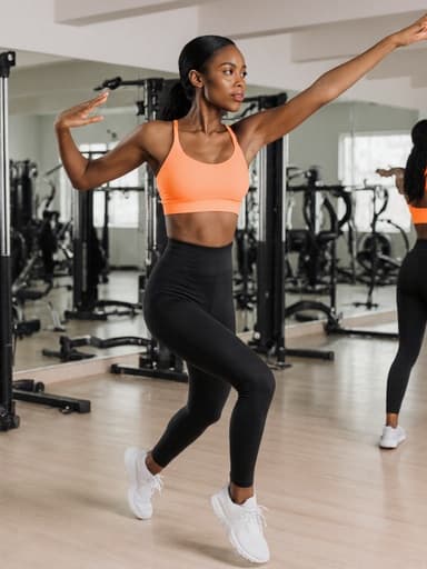 20대 혼혈 여성이 생동감 넘치는 운동 환경에서 운동복을 선보이며 자신감 있게 춤추고 있는 모습, 운동 기구와 거울로 둘러싸인 모습입니다.