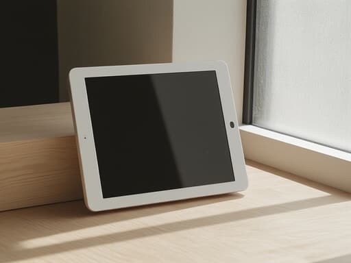 세련된 태블릿이 미니멀한 책상 위에 놓여 있고, 큰 창을 통해 자연광이 들어오며 부드러운 그림자가 드리워져 있고, 매끄러운 유리 화면이 빛을 반사하며, 표면에 약간의 지문이 있고, 따뜻한 나무 질감이 있으며, 깔끔한 라인이 있는 평화롭고 현대적이고 깨끗한 분위기