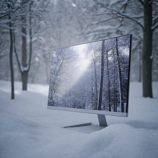 눈 내리는 겨울 숲에 있는 모니터, 부드러운 눈보라와 사실적인 질감으로 고요하고 평화로운 분위기.