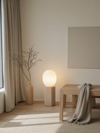 부드러운 빛을 내는 램프, 미니멀한 디자인, 따뜻한 빛, 북유럽 스타일 거실의 중앙에 배치, 자연 목재 가구, 중립적인 색상 팔레트, 아늑한 섬유 악센트, 자연광이 질감을 강조하며, 미세한 그림자.