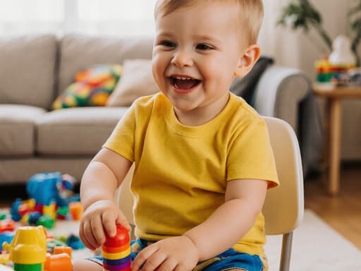 장난스러운 표정을 짓고 있는 귀여운 3세 유럽계 남성이 아늑한 거실의 의자에 앉아 밝은 색상의 티셔츠와 반바지를 입고, 주변에 어지럽혀진 장난감들과 즐겁게 놀고 있는 모습.