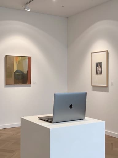 세련된 노트북이 미니멀한 갤러리 받침대에 놓여 있고, 현대 미술 작품에 둘러싸여 있으며, 부드럽게 확산된 자연광과 미세한 그림자가 드리워져 있어 세련되고 현대적이며 창의적입니다.